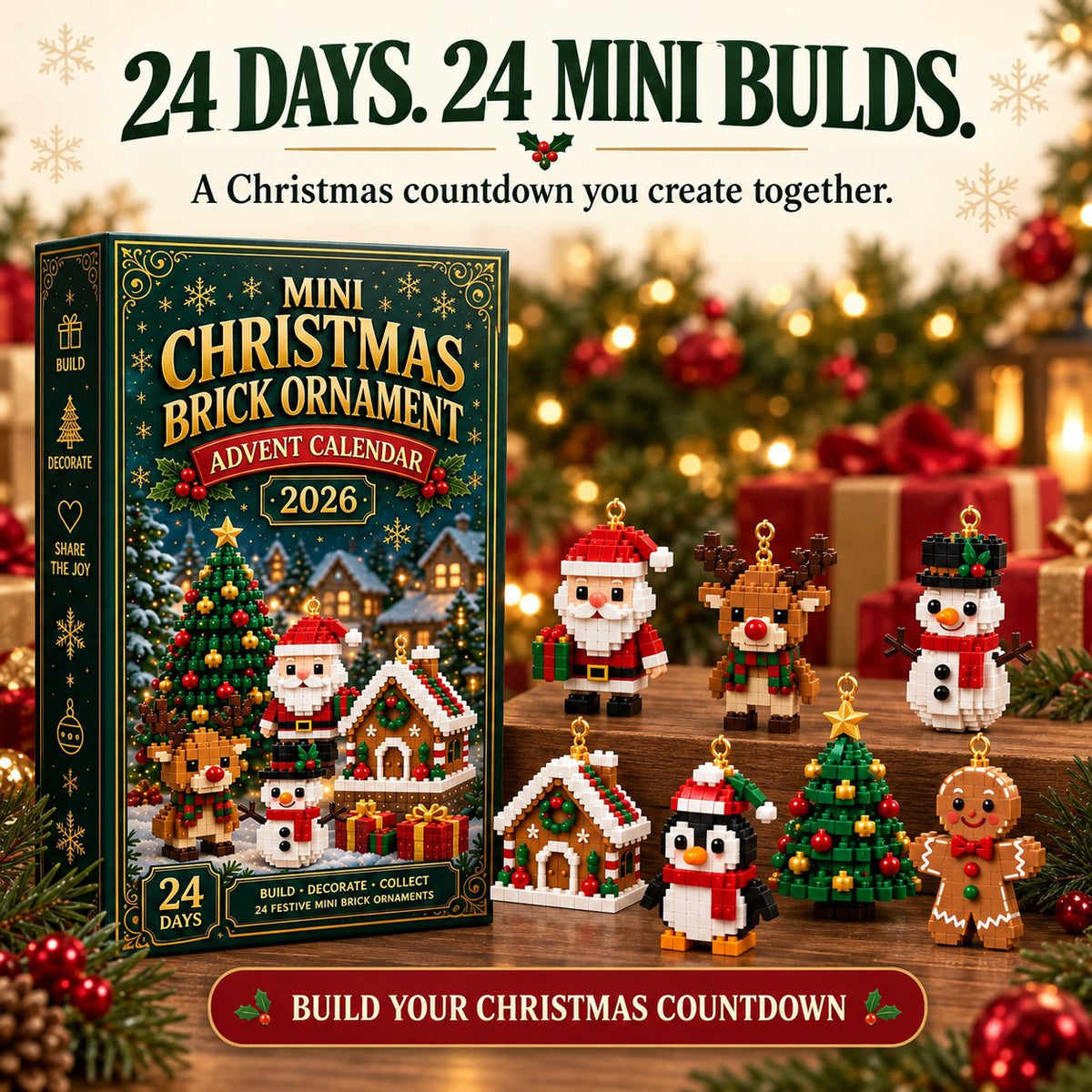 ⏳Last day to save 49% – 🎄24-Day Mini Christmas Ornament Advent Calendar | 24 unique festive buildable designs with hanging loops—perfect for decorating Christmas trees, wreaths, and holiday displays 🧱